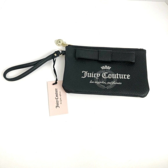 Juicy Couture Wristlet NWT Vegan Leather 5”x8” Bow Logo Spellout Gold Charm - Picture 3 of 7
